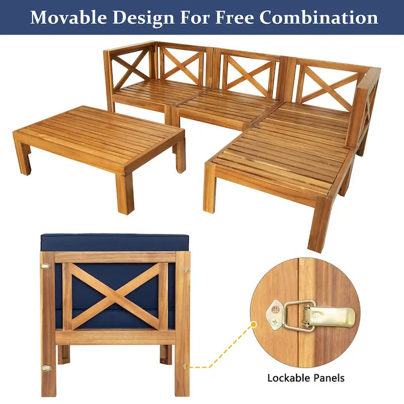 Ensemble de canapés de jardin modulables 5 pièces en bois massif avec table basse et coussins