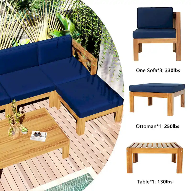 Ensemble de canapés de jardin modulables 5 pièces en bois massif avec table basse et coussins