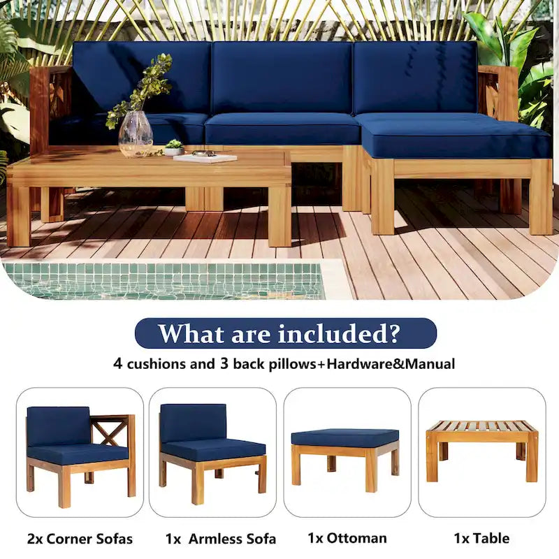 Ensemble de canapés de jardin modulables 5 pièces en bois massif avec table basse et coussins