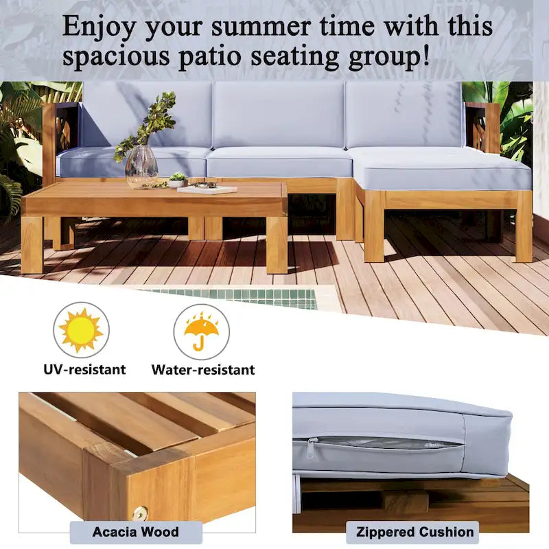 Ensemble de canapés de jardin modulables 5 pièces en bois massif avec table basse et coussins