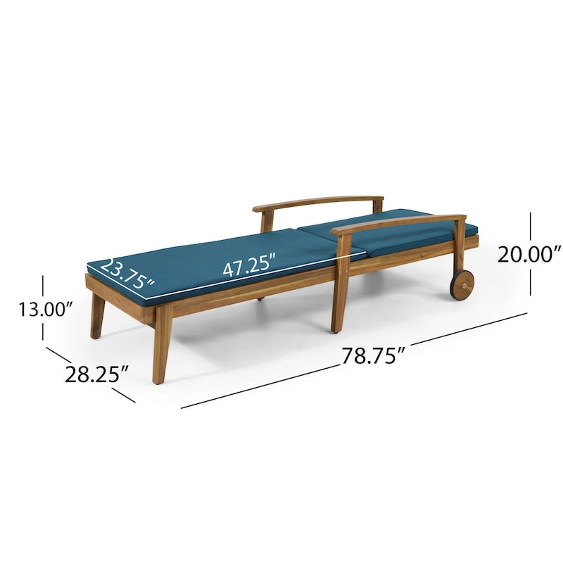 Chaise longue de jardin en bois à roulettes, transat inclinable à dossier réglable pour piscine et terrasse.