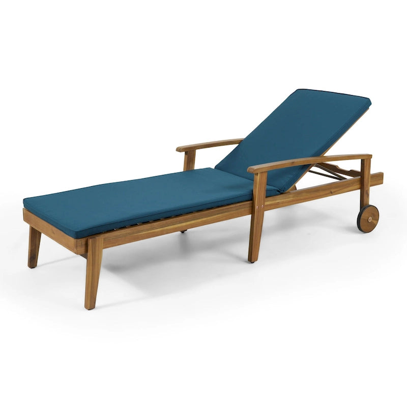 Chaise longue de jardin en bois à roulettes, transat inclinable à dossier réglable pour piscine et terrasse.