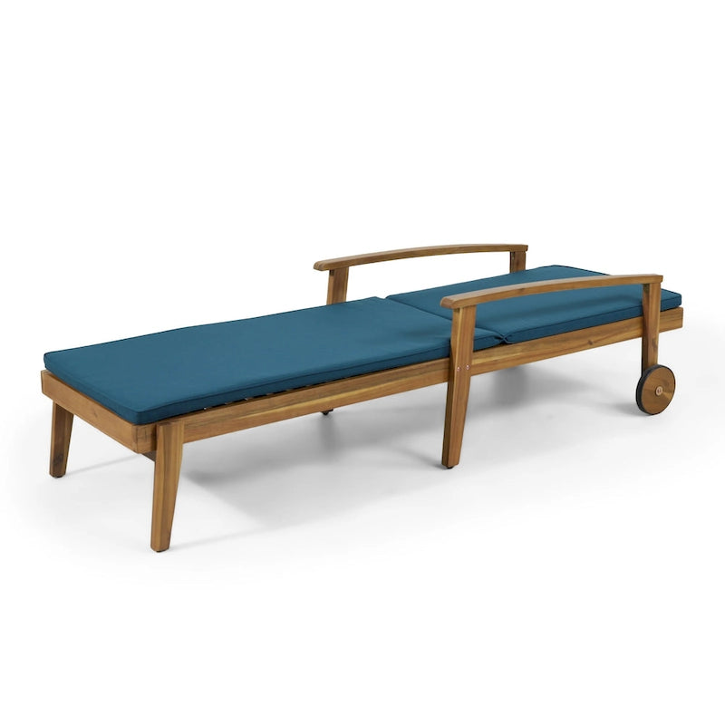 Chaise longue de jardin en bois à roulettes, transat inclinable à dossier réglable pour piscine et terrasse.