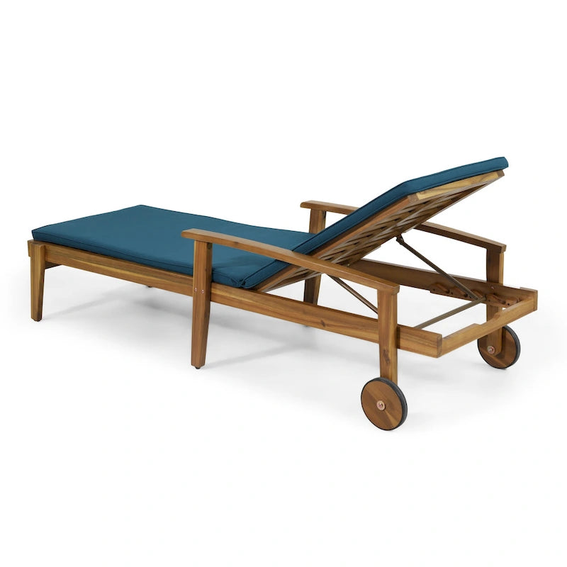 Chaise longue de jardin en bois à roulettes, transat inclinable à dossier réglable pour piscine et terrasse.