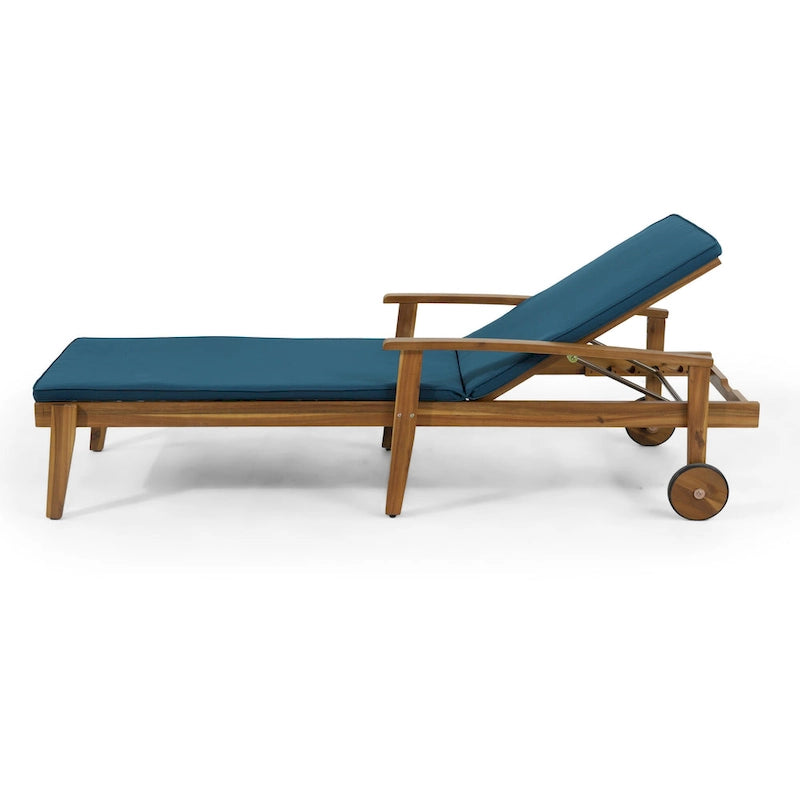 Chaise longue de jardin en bois à roulettes, transat inclinable à dossier réglable pour piscine et terrasse.