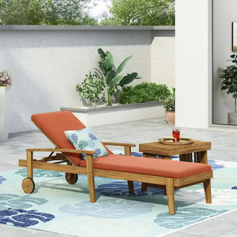 Chaise longue de jardin en bois à roulettes, transat inclinable à dossier réglable pour piscine et terrasse.