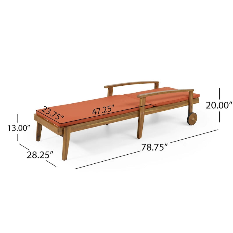 Chaise longue de jardin en bois à roulettes, transat inclinable à dossier réglable pour piscine et terrasse.