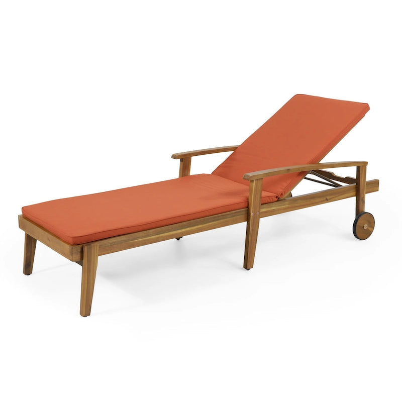 Chaise longue de jardin en bois à roulettes, transat inclinable à dossier réglable pour piscine et terrasse.