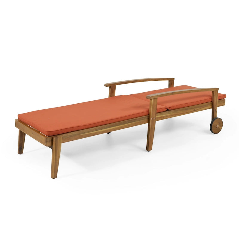 Chaise longue de jardin en bois à roulettes, transat inclinable à dossier réglable pour piscine et terrasse.