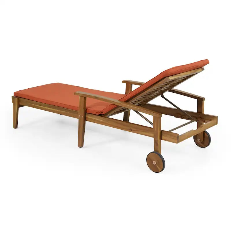 Chaise longue de jardin en bois à roulettes, transat inclinable à dossier réglable pour piscine et terrasse.