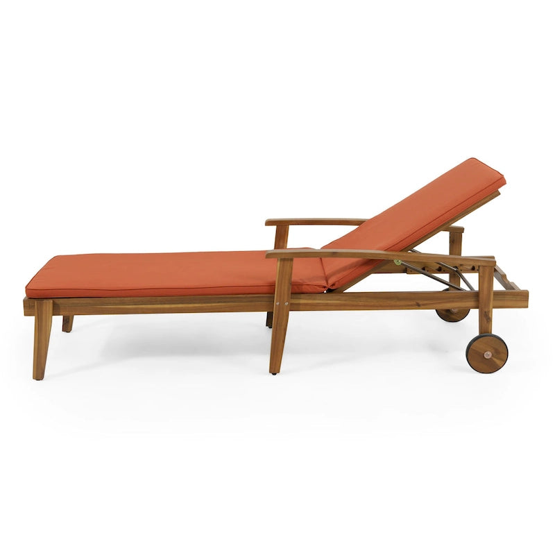 Chaise longue de jardin en bois à roulettes, transat inclinable à dossier réglable pour piscine et terrasse.