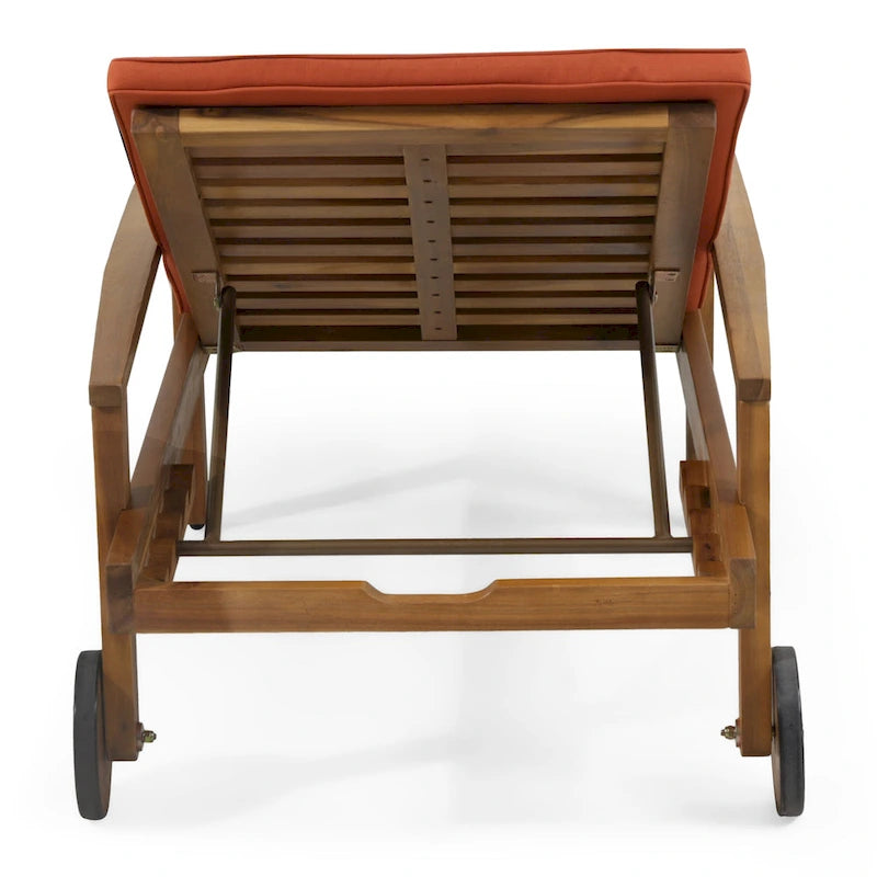 Chaise longue de jardin en bois à roulettes, transat inclinable à dossier réglable pour piscine et terrasse.