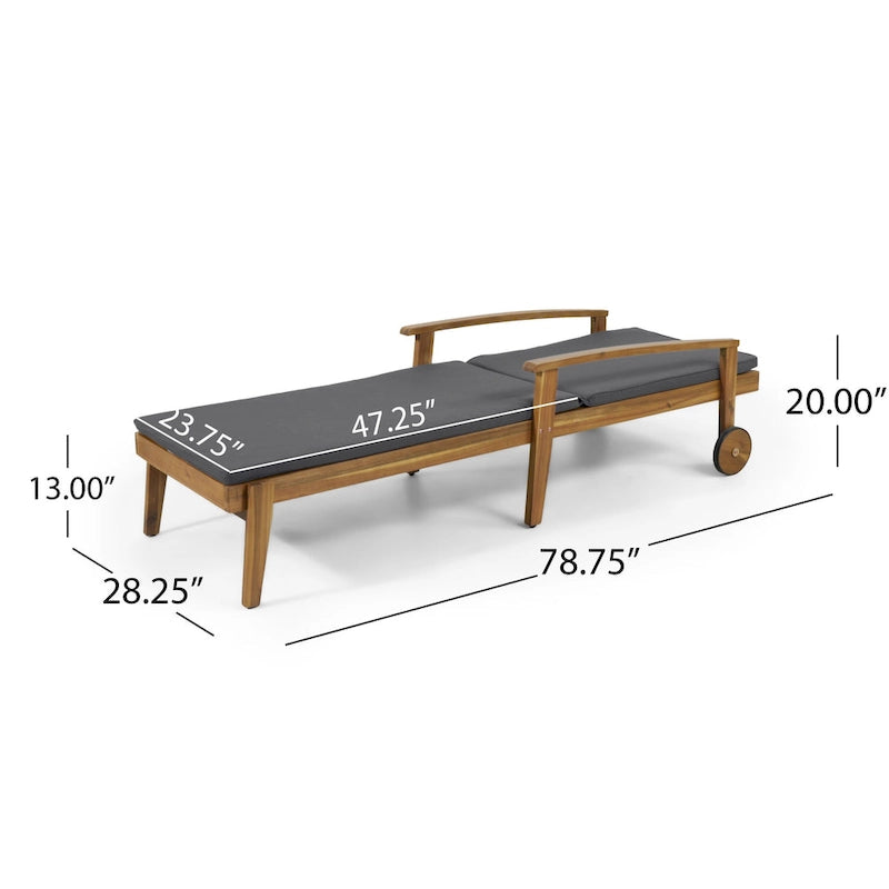 Chaise longue de jardin en bois à roulettes, transat inclinable à dossier réglable pour piscine et terrasse.