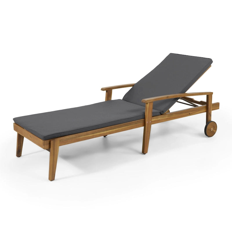 Chaise longue de jardin en bois à roulettes, transat inclinable à dossier réglable pour piscine et terrasse.