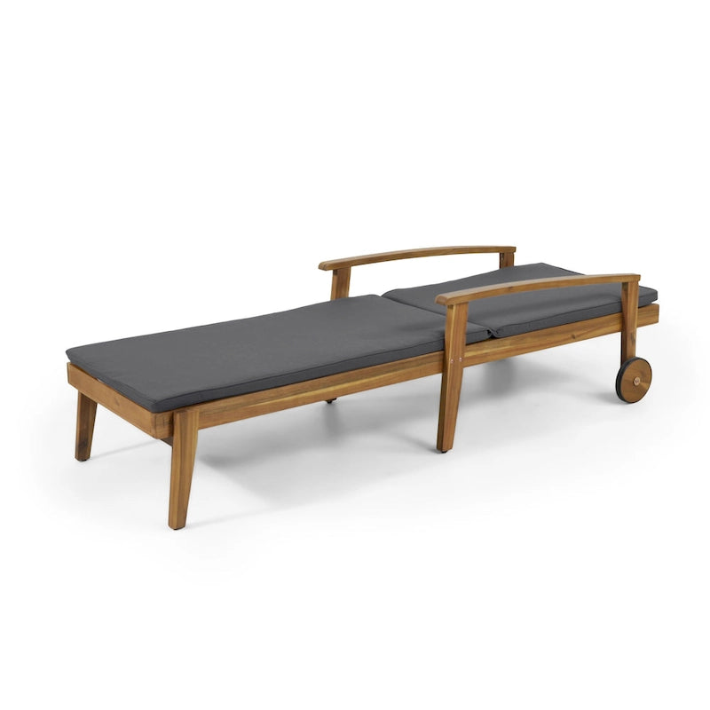 Chaise longue de jardin en bois à roulettes, transat inclinable à dossier réglable pour piscine et terrasse.