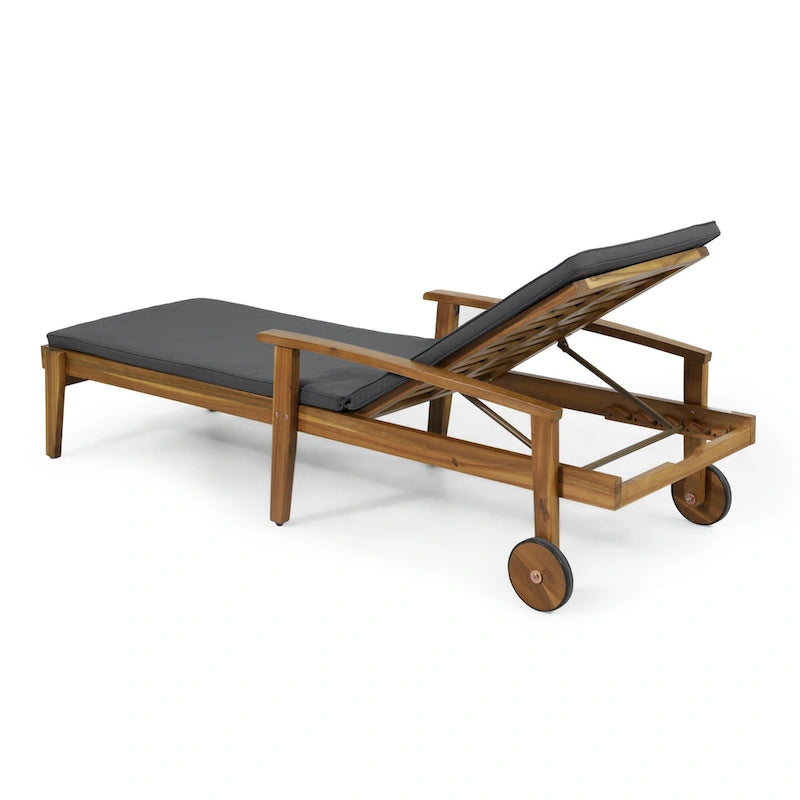 Chaise longue de jardin en bois à roulettes, transat inclinable à dossier réglable pour piscine et terrasse.