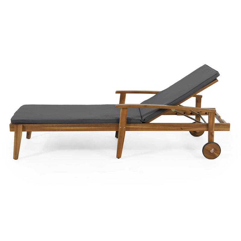 Chaise longue de jardin en bois à roulettes, transat inclinable à dossier réglable pour piscine et terrasse.