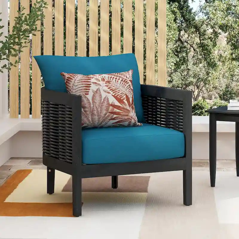 Fauteuil club d'extérieur en bois d'acacia et osier avec coussins imperméables, fauteuil individuel en rotin pour patio, club, jardin, porche