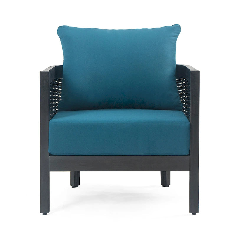 Fauteuil club d'extérieur en bois d'acacia et osier avec coussins imperméables, fauteuil individuel en rotin pour patio, club, jardin, porche