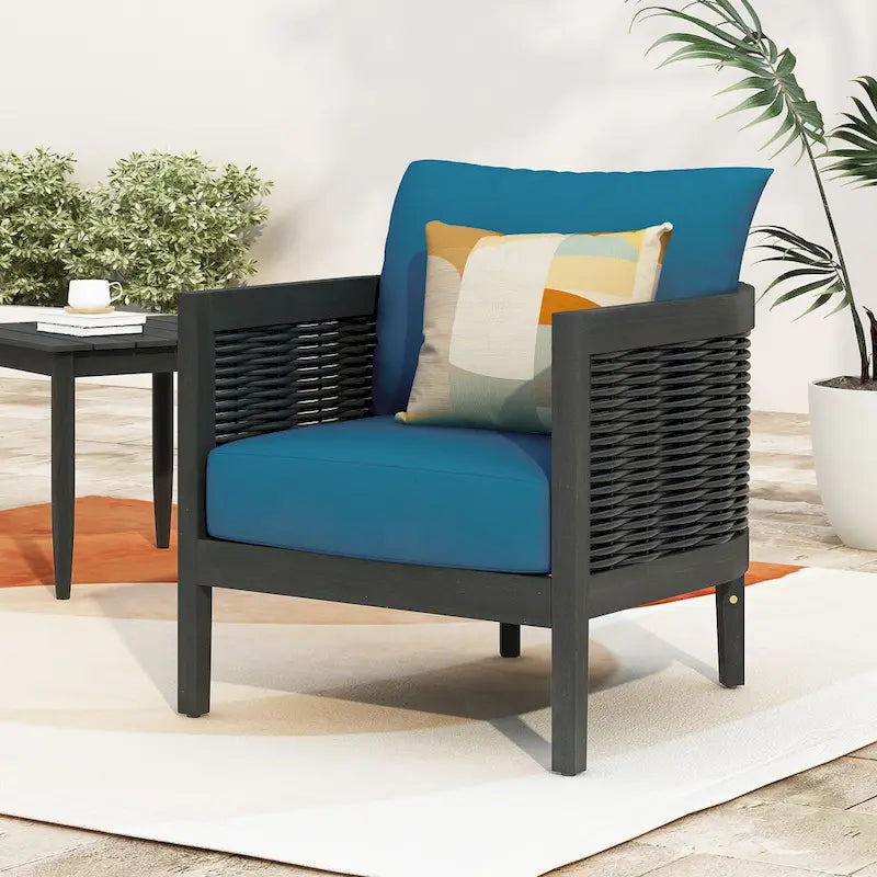 Fauteuil club d'extérieur en bois d'acacia et osier avec coussins imperméables, fauteuil individuel en rotin pour patio, club, jardin, porche