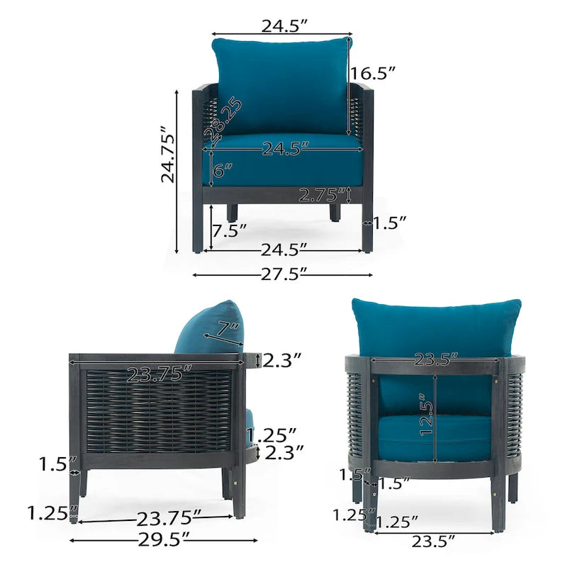 Fauteuil club d'extérieur en bois d'acacia et osier avec coussins imperméables, fauteuil individuel en rotin pour patio, club, jardin, porche