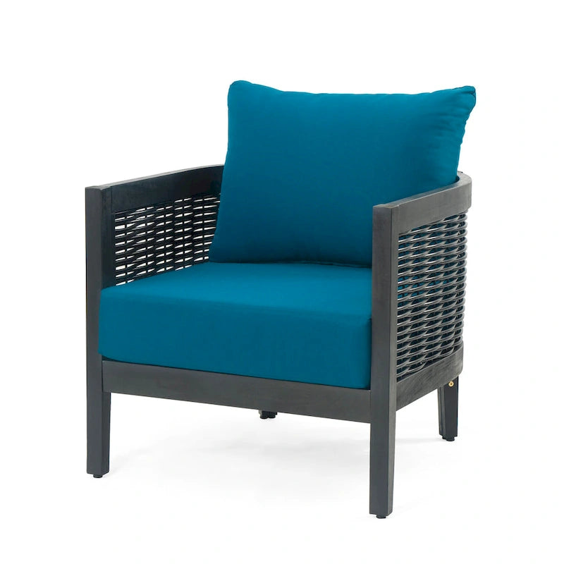 Fauteuil club d'extérieur en bois d'acacia et osier avec coussins imperméables, fauteuil individuel en rotin pour patio, club, jardin, porche