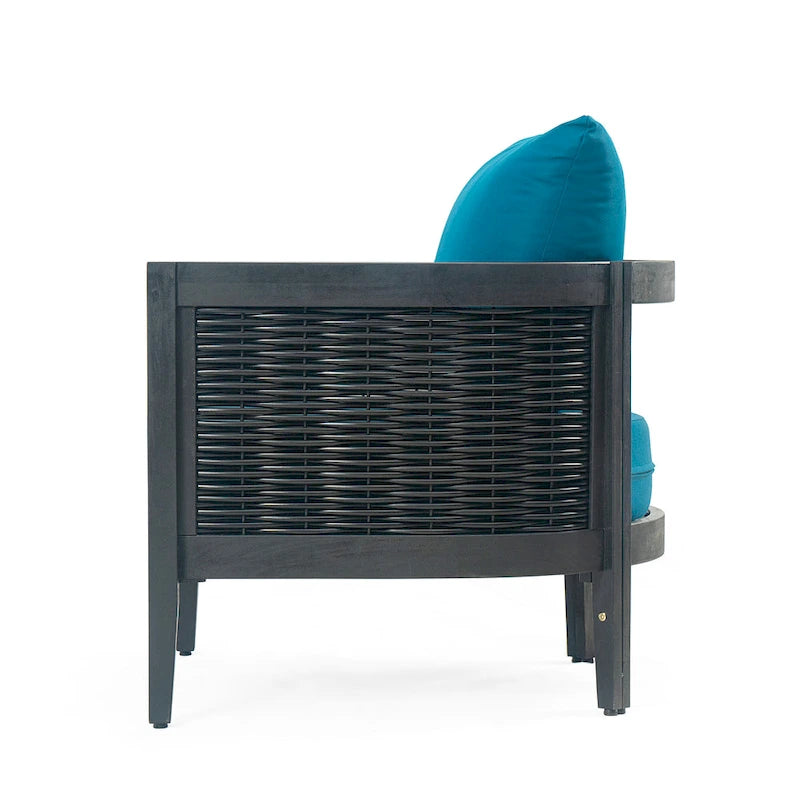 Fauteuil club d'extérieur en bois d'acacia et osier avec coussins imperméables, fauteuil individuel en rotin pour patio, club, jardin, porche