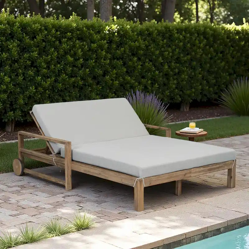 Lit de repos double en bois massif pour patio extérieur avec dossier réglable et roulettes