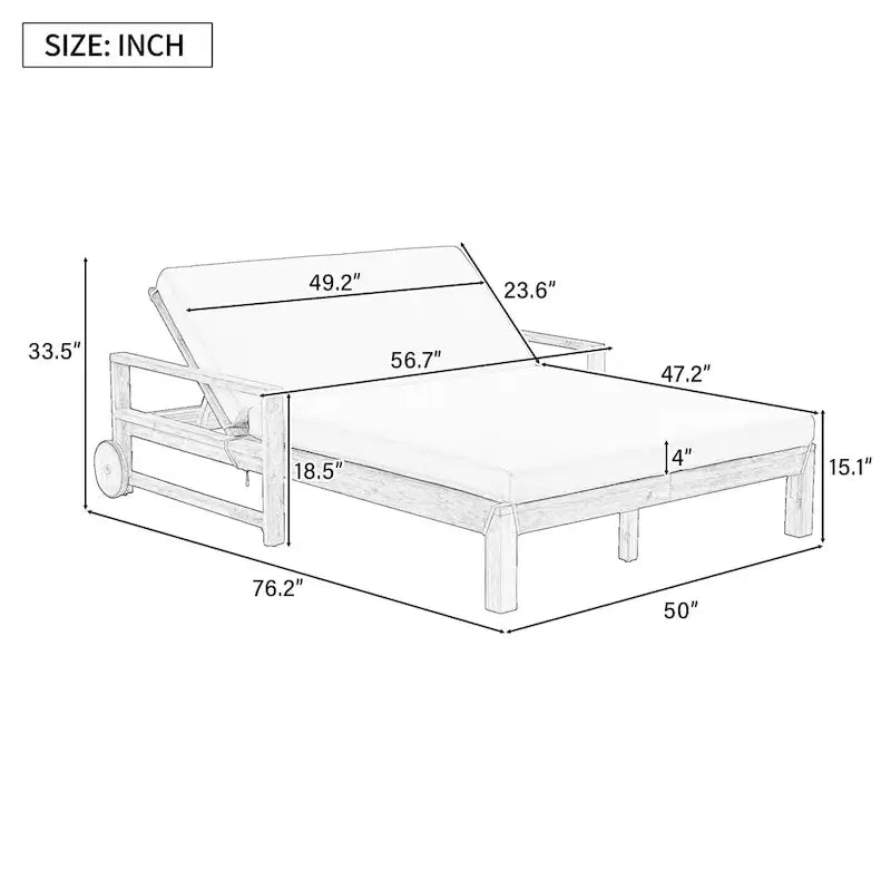 Lit de repos double en bois massif pour patio extérieur avec dossier réglable et roulettes