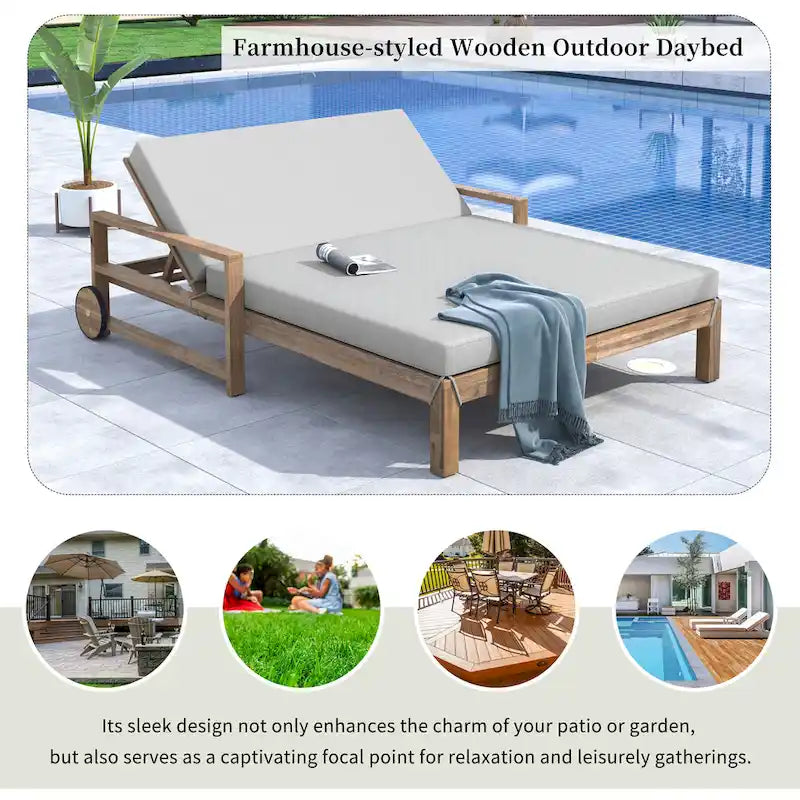 Lit de repos double en bois massif pour patio extérieur avec dossier réglable et roulettes