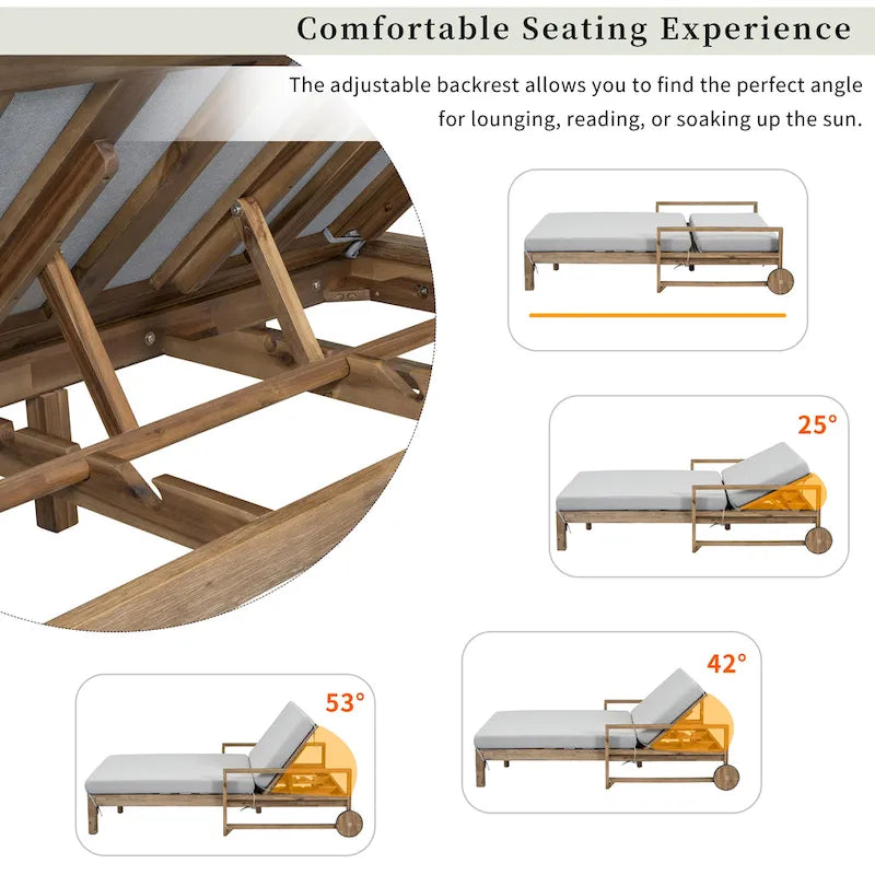Lit de repos double en bois massif pour patio extérieur avec dossier réglable et roulettes