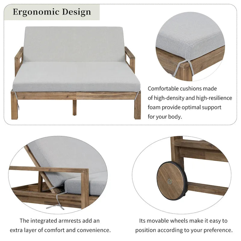 Lit de repos double en bois massif pour patio extérieur avec dossier réglable et roulettes