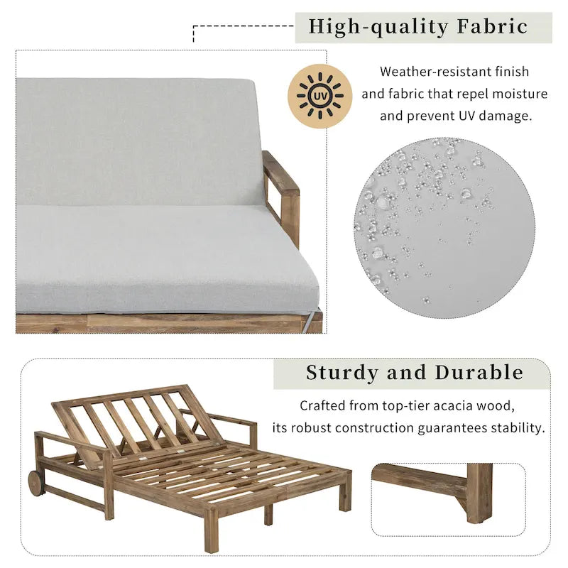 Lit de repos double en bois massif pour patio extérieur avec dossier réglable et roulettes