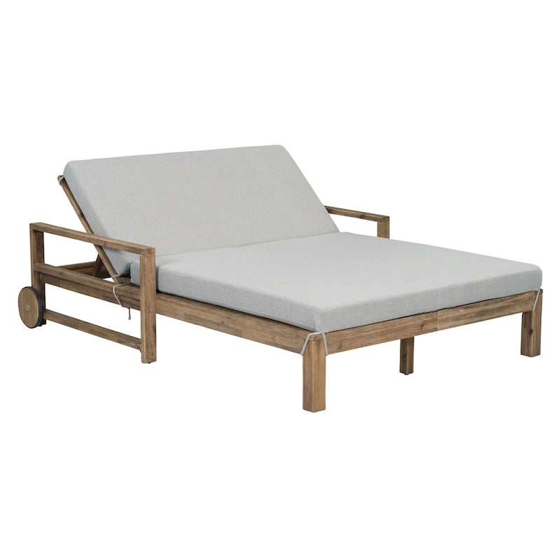 Lit de repos double en bois massif pour patio extérieur avec dossier réglable et roulettes
