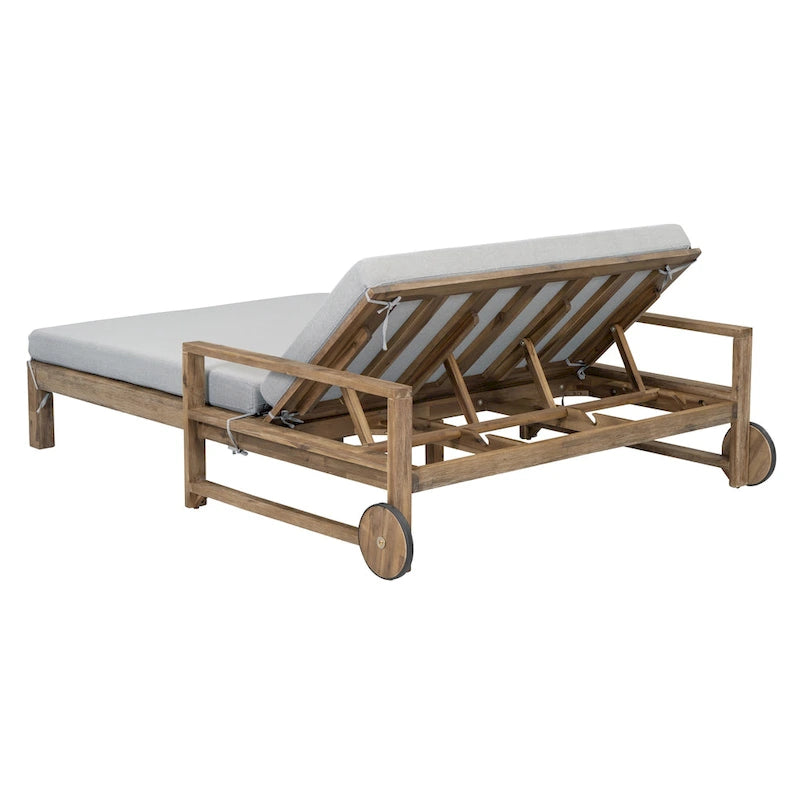Lit de repos double en bois massif pour patio extérieur avec dossier réglable et roulettes