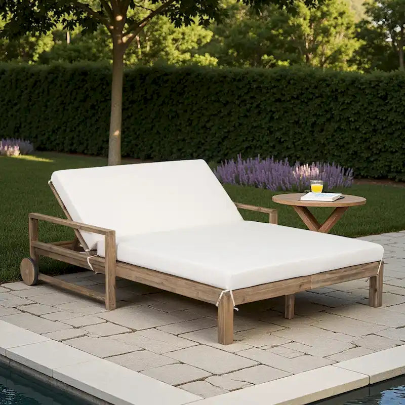 Lit de repos double en bois massif pour patio extérieur avec dossier réglable et roulettes