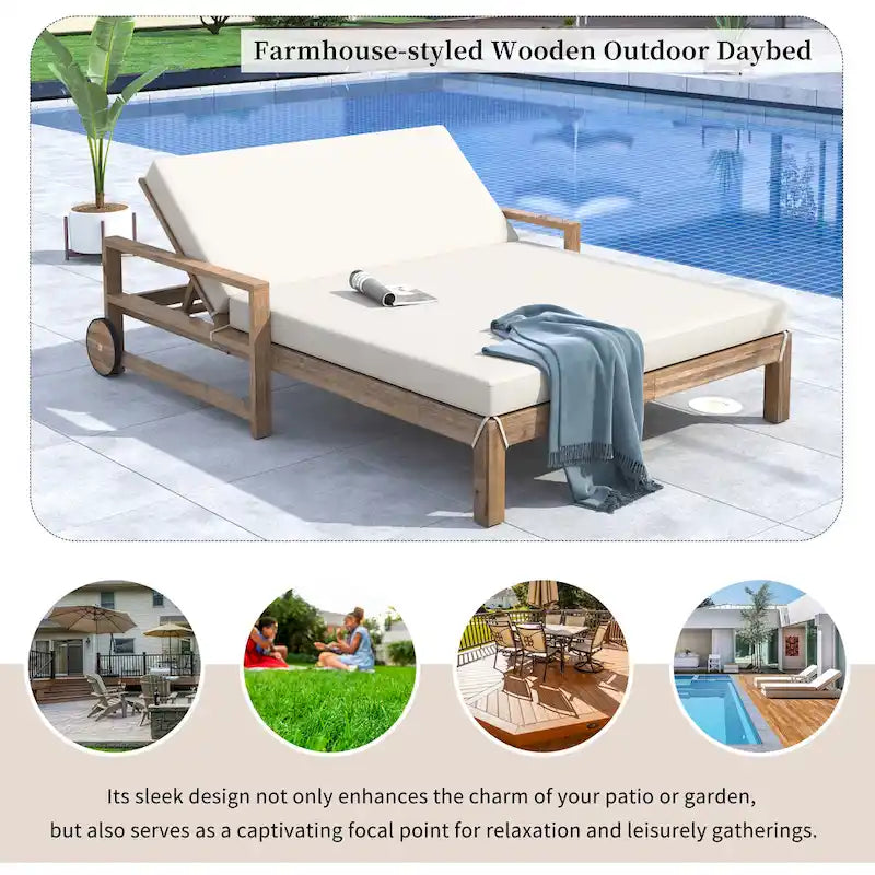 Lit de repos double en bois massif pour patio extérieur avec dossier réglable et roulettes