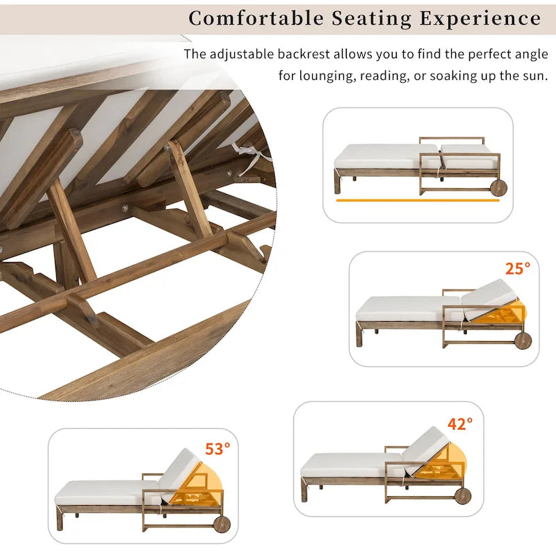Lit de repos double en bois massif pour patio extérieur avec dossier réglable et roulettes
