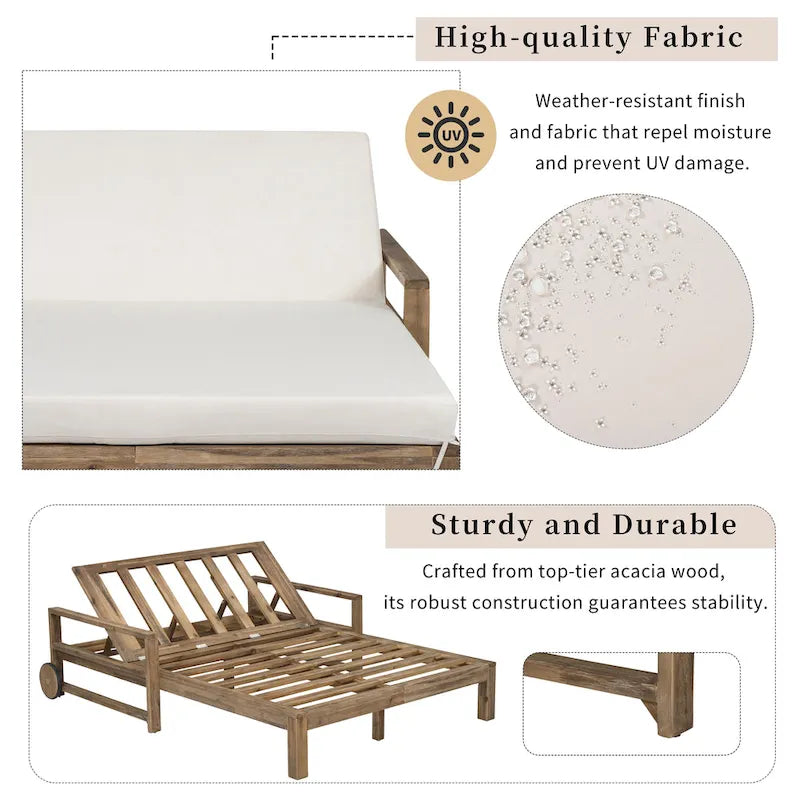 Lit de repos double en bois massif pour patio extérieur avec dossier réglable et roulettes