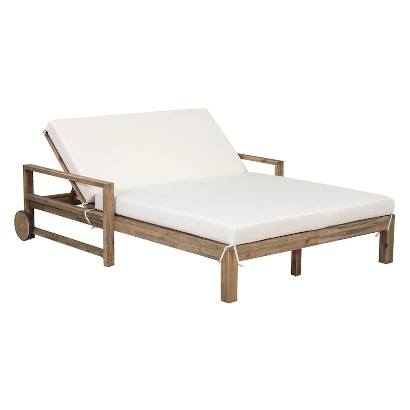 Lit de repos double en bois massif pour patio extérieur avec dossier réglable et roulettes