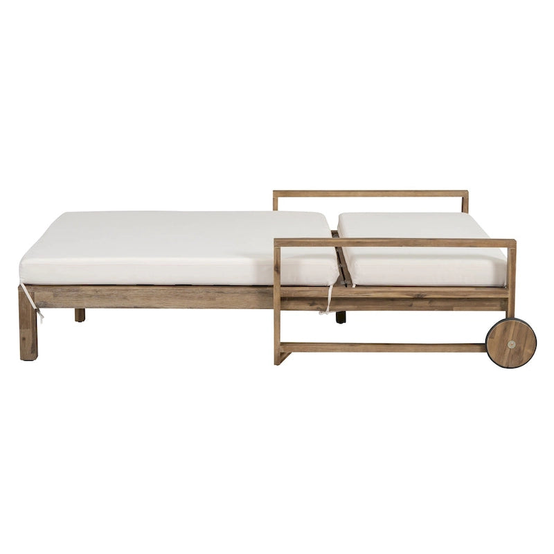 Lit de repos double en bois massif pour patio extérieur avec dossier réglable et roulettes