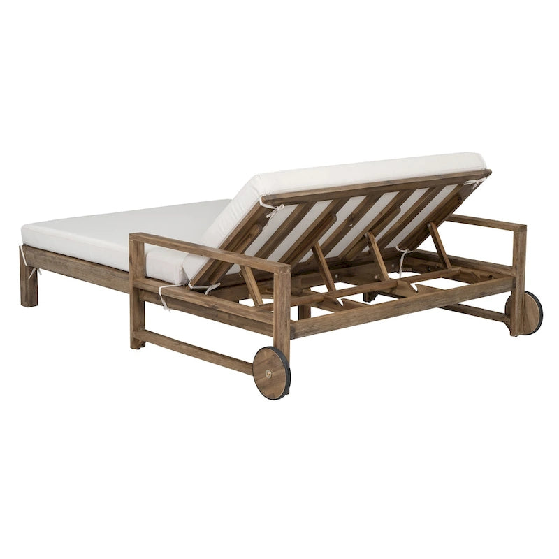 Lit de repos double en bois massif pour patio extérieur avec dossier réglable et roulettes
