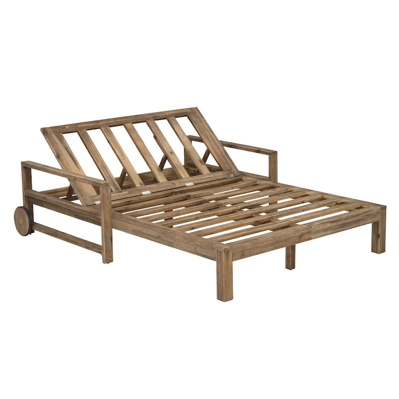 Lit de repos double en bois massif pour patio extérieur avec dossier réglable et roulettes