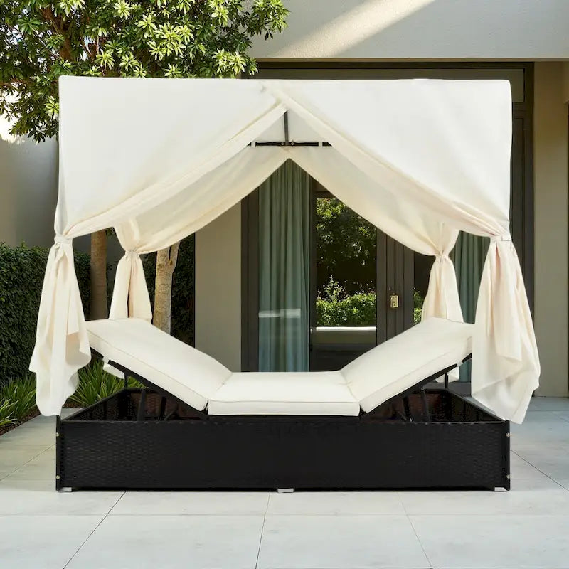 Outdoor Patio Rattan Canopy Daybed Sunbed with Curtain and Adjustable Seat