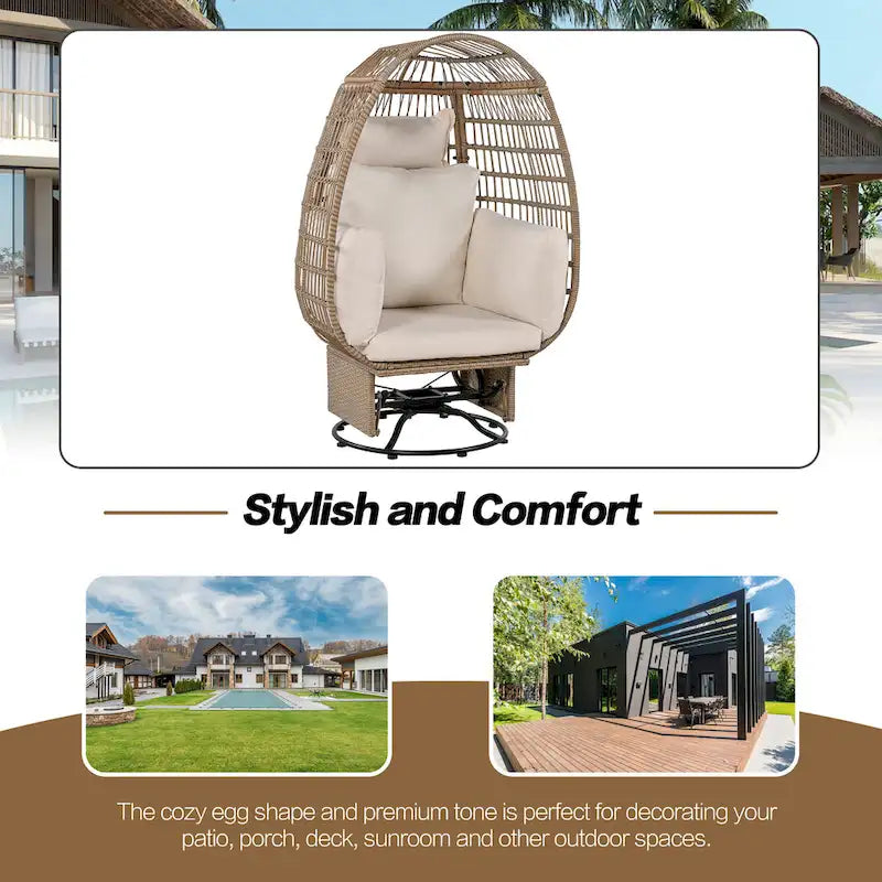 Fauteuil Œuf Pivotant en Rotin pour Patio Extérieur avec Fonction Bascule