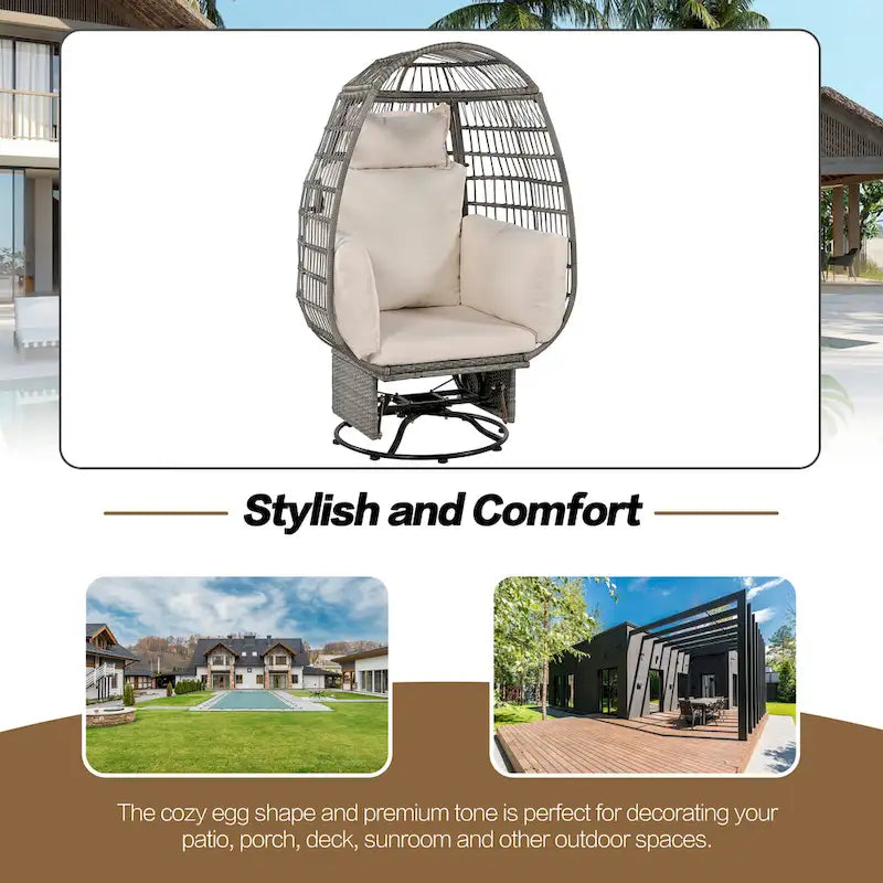 Fauteuil Œuf Pivotant en Rotin pour Patio Extérieur avec Fonction Bascule