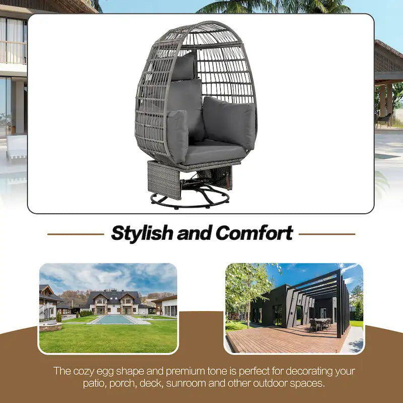 Fauteuil Œuf Pivotant en Rotin pour Patio Extérieur avec Fonction Bascule