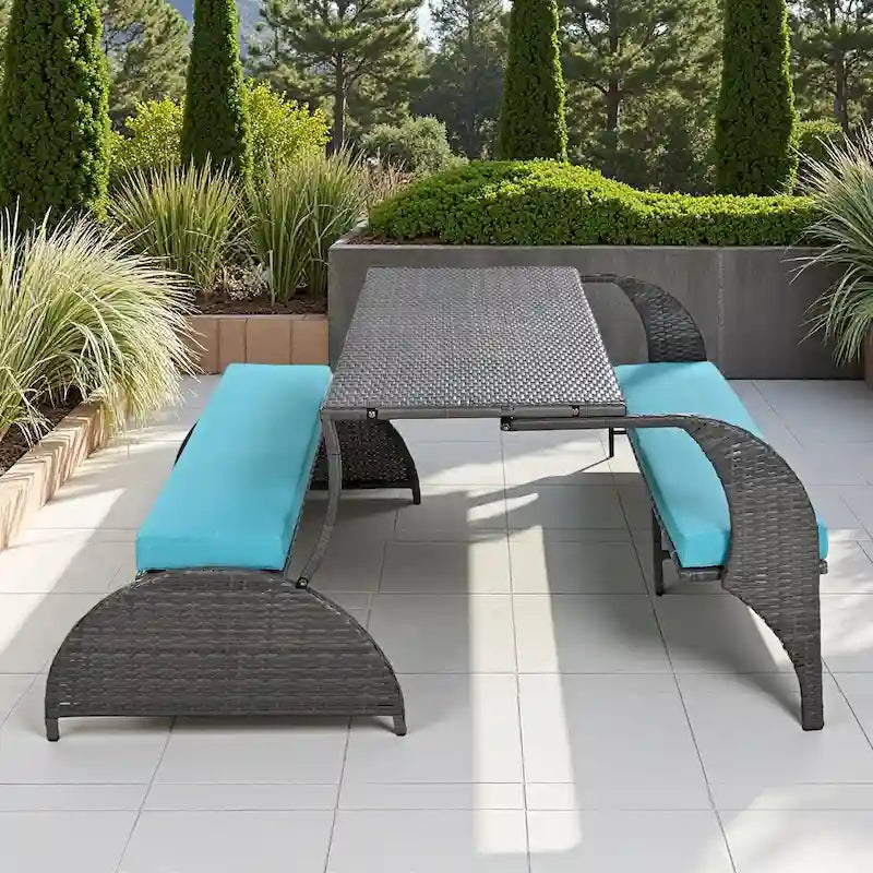 Multi-Functional Outdoor Patio Rattan Loveseat Sofa, Convertible 4-Seats Dining Set