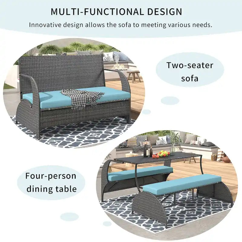 Canapé en rotin polyvalent pour terrasse extérieure, convertible en salle à manger 4 places