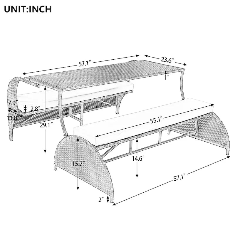 Canapé en rotin polyvalent pour terrasse extérieure, convertible en salle à manger 4 places